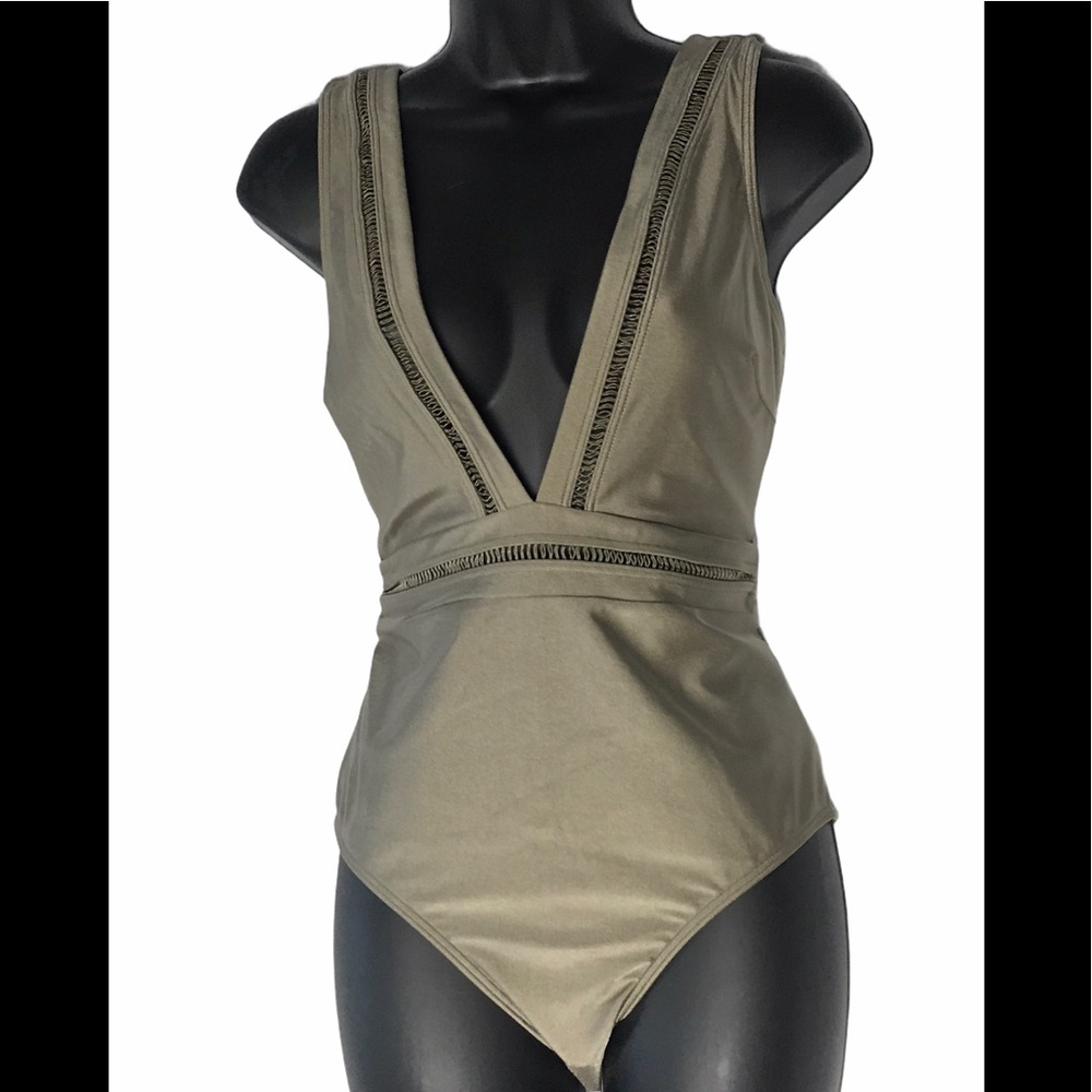 TED BAKER LONDON Pointelle Deep V Swimsuit One Piece Khaki US 8
